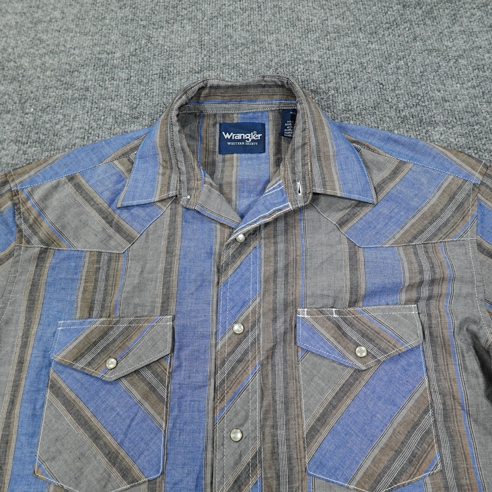 Wrangler Shirt Medium Blue Gray Stripe Short Sleeve Western Pearl Snap Cowboy